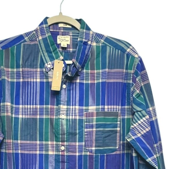 Crew Men's Large Slim Fit Madras Plaid Long‎ Sleeve Button Down Shirt New - Picture 1 of 12
